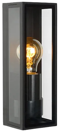 Aplique rectangular negro con ampolleta encendida, visto de frente.