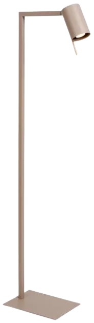 Lámpara de pie taupe con pantalla cilíndrica ajustable y base rectangular, vista de frente.
