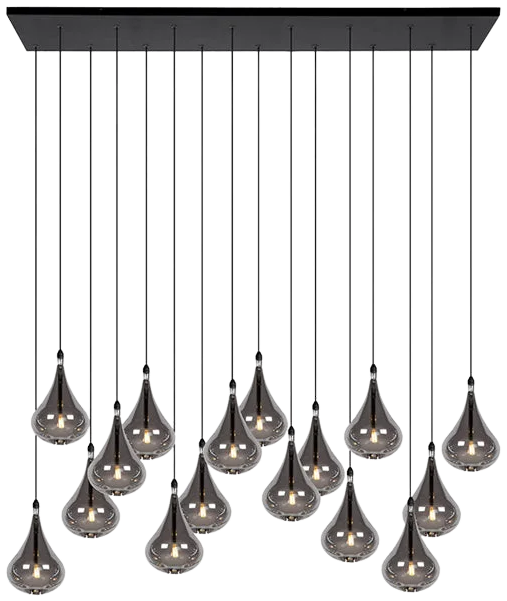 Lámpara colgante dim. metal negro vidrio humo 1,020x1,540 cm16 luces G4 -LULC0225