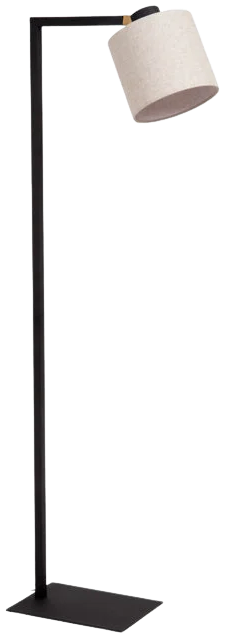 Lámpara de pie negra con base rectangular y pantalla cilíndrica beige, vista completa.