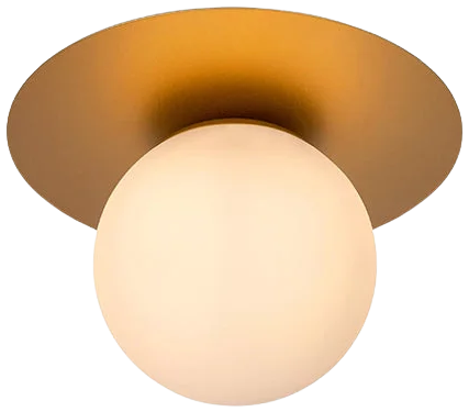 Plafón esférico de vidrio opal y base oro mate, visto de cerca y encendido.