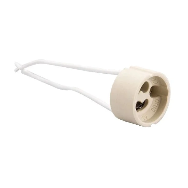 Conector cerámico beige GU10 con dos cables flexibles, visto en diagonal sobre fondo blanco.
