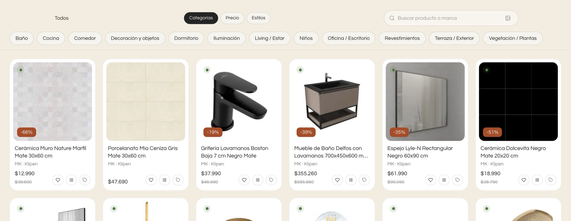 Catálogo de Kouzee con las pestañas Categorías, Precio y Estilos, y el buscador con el ícono de búsqueda por imagen