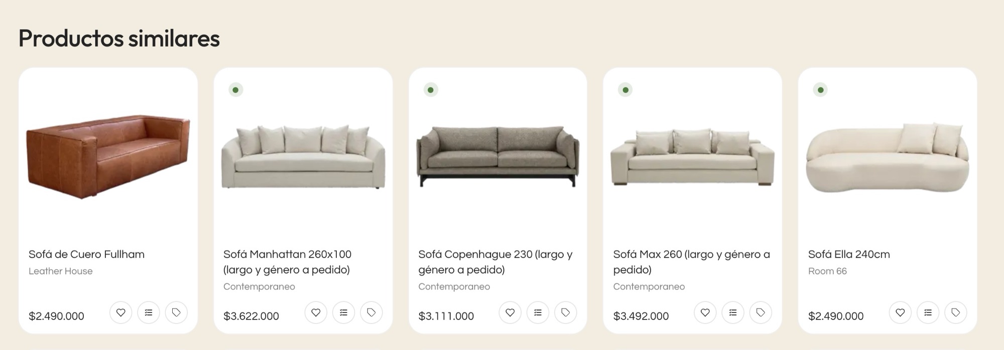 Sección Productos similares al final de la ficha de un sofá