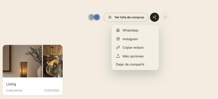 Menú de compartir de una colección con WhatsApp, Instagram, Copiar enlace, Más opciones y Dejar de compartir