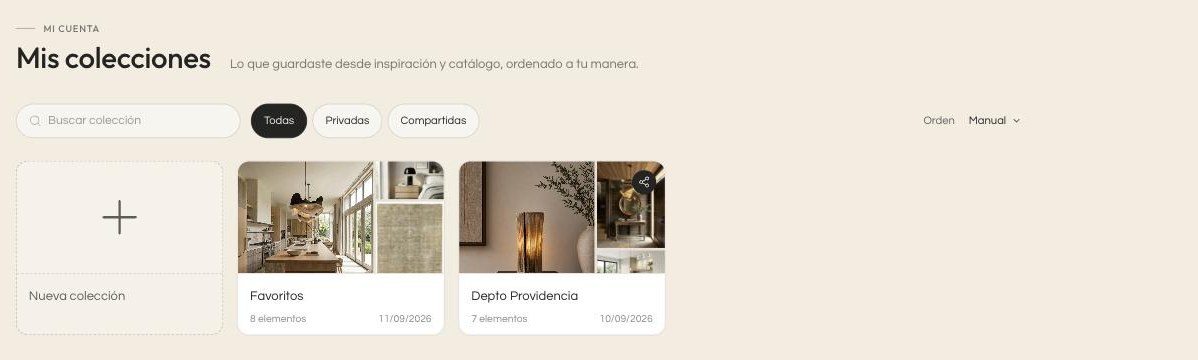 Índice de colecciones en Kouzee, con el buscador, las pestañas Todas, Privadas y Compartidas, y las portadas automáticas