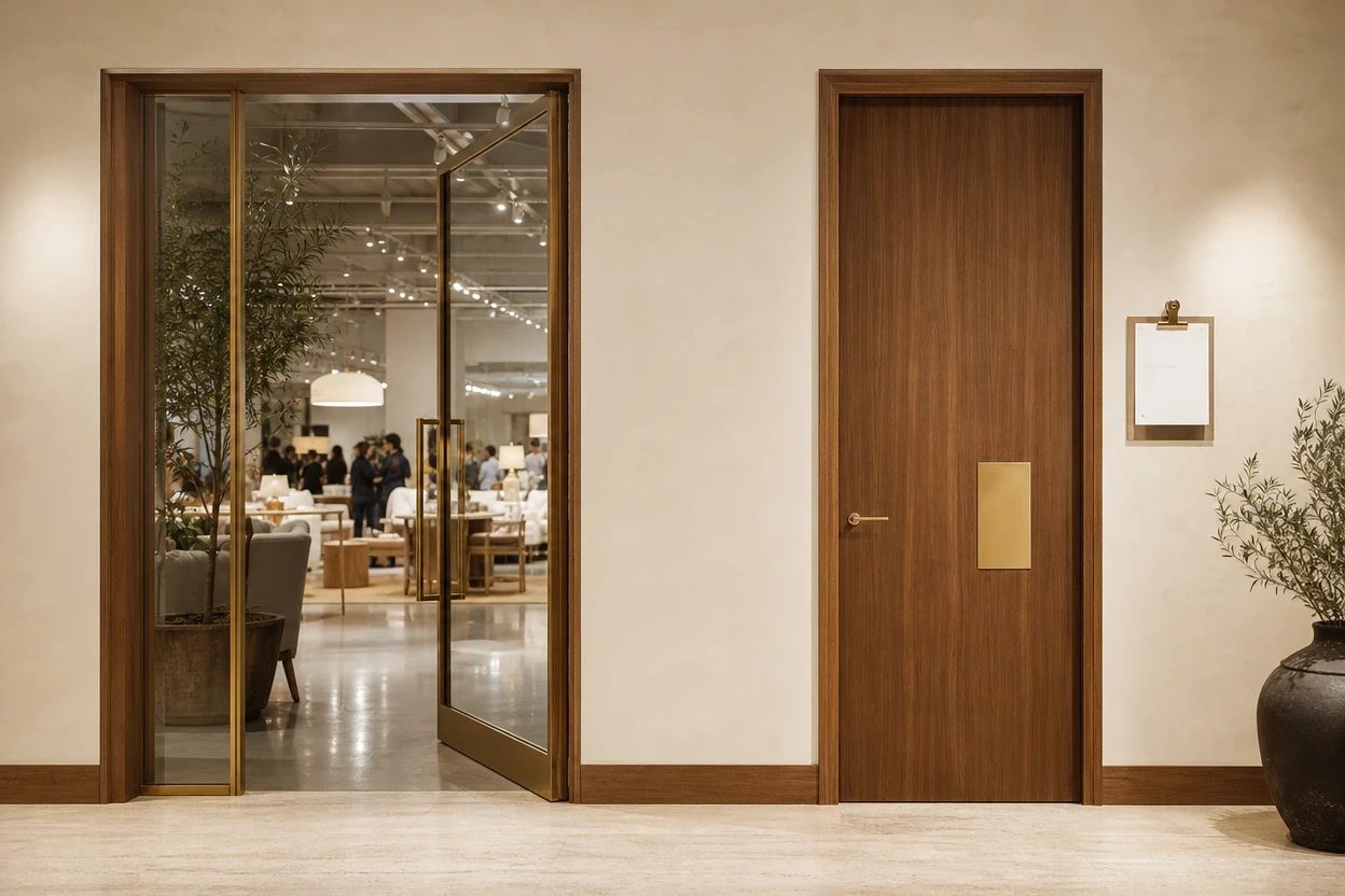 Pasillo cálido con dos puertas: una vidriera abierta hacia un showroom lleno de gente y una puerta de madera discreta con placa de bronce y un contrato al costado