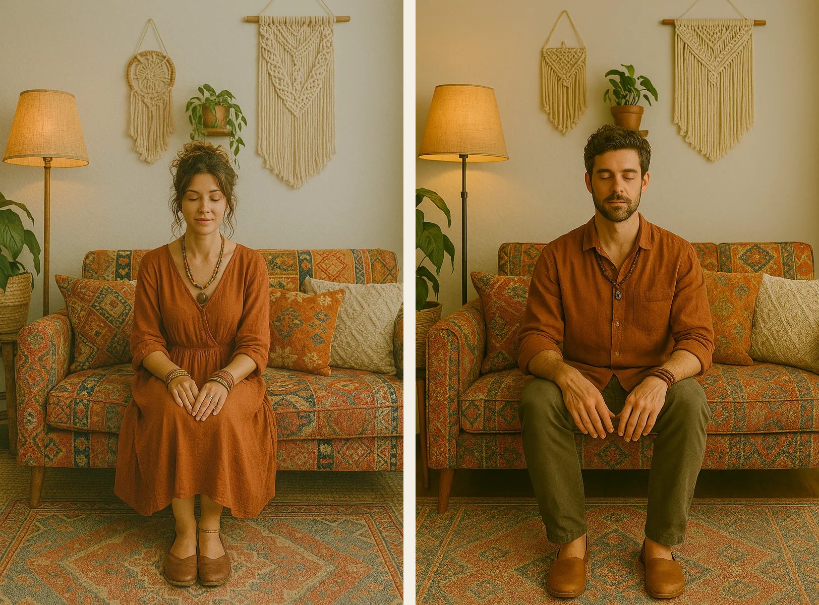 Una mujer y un hombre vestidos y sentados en un ambiente de estilo bohemio