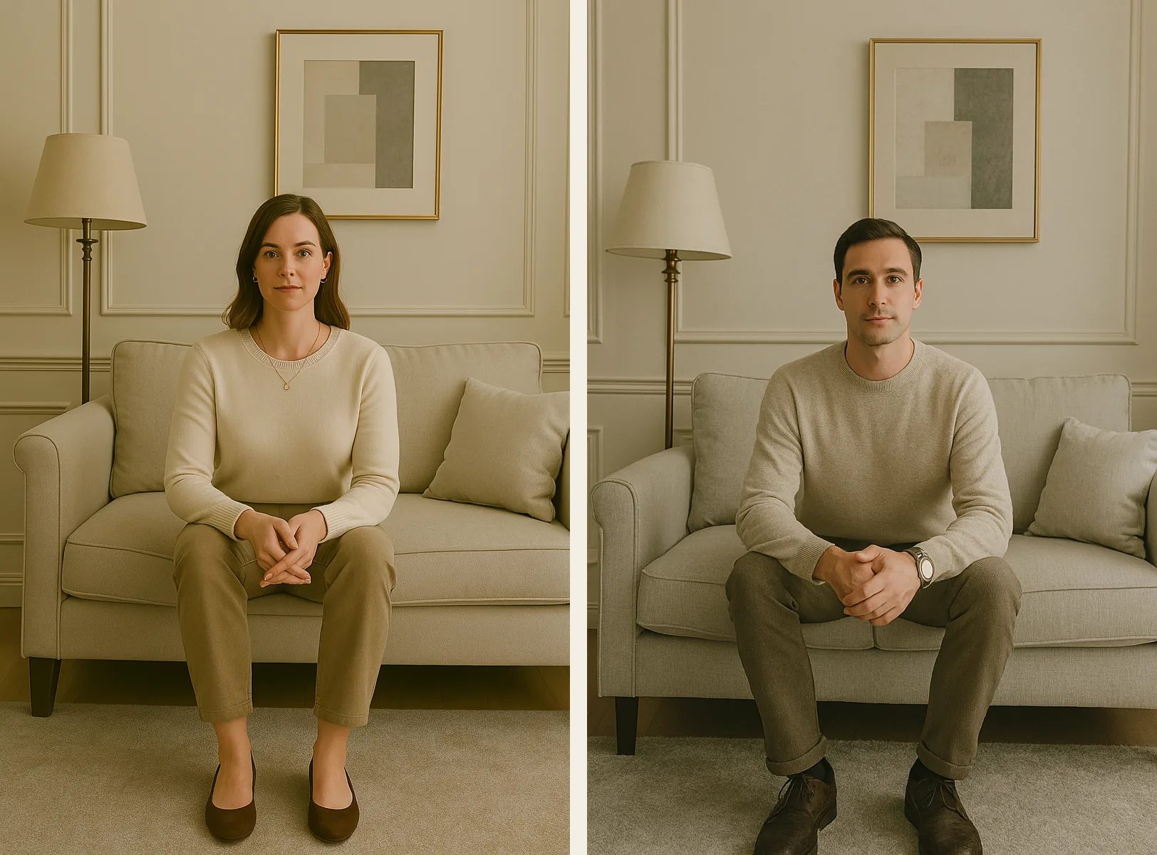 Una mujer y un hombre vestidos y sentados en un ambiente de estilo clásico moderno