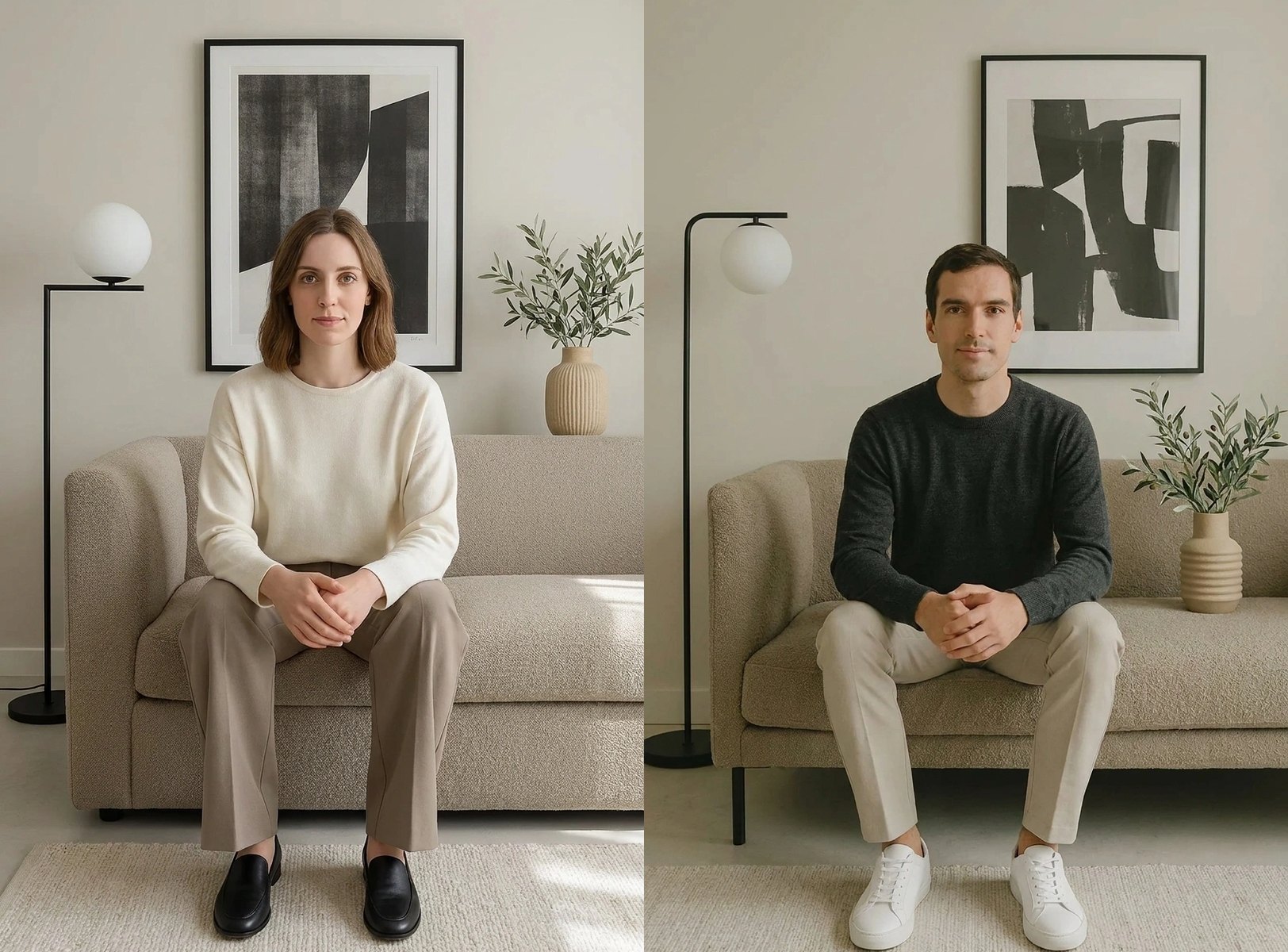 Una mujer y un hombre vestidos y sentados en un ambiente de estilo contemporáneo