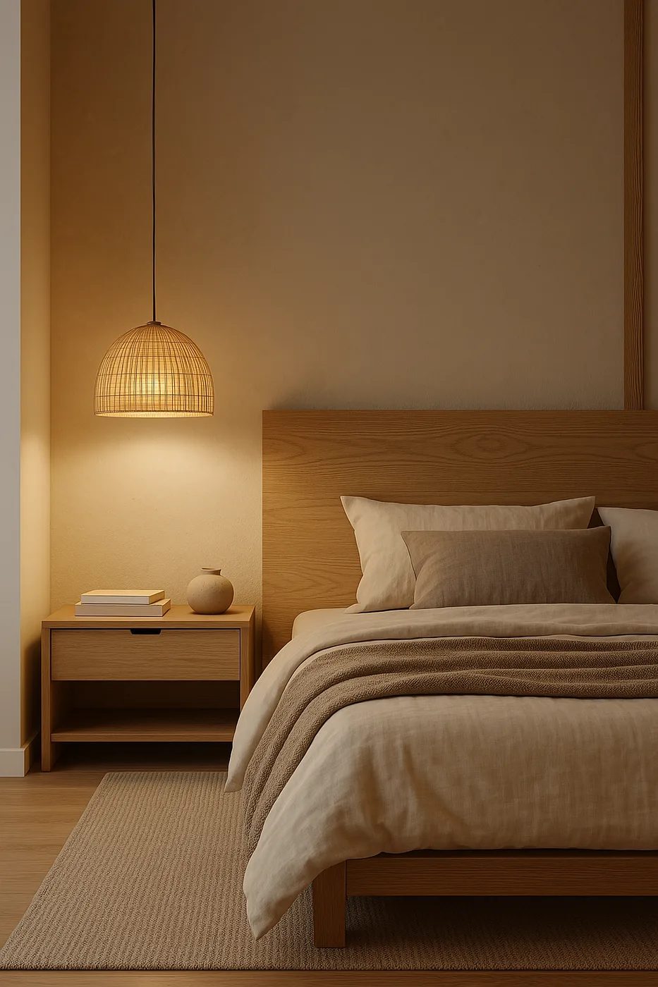 Dormitorio decorado en estilo japandi