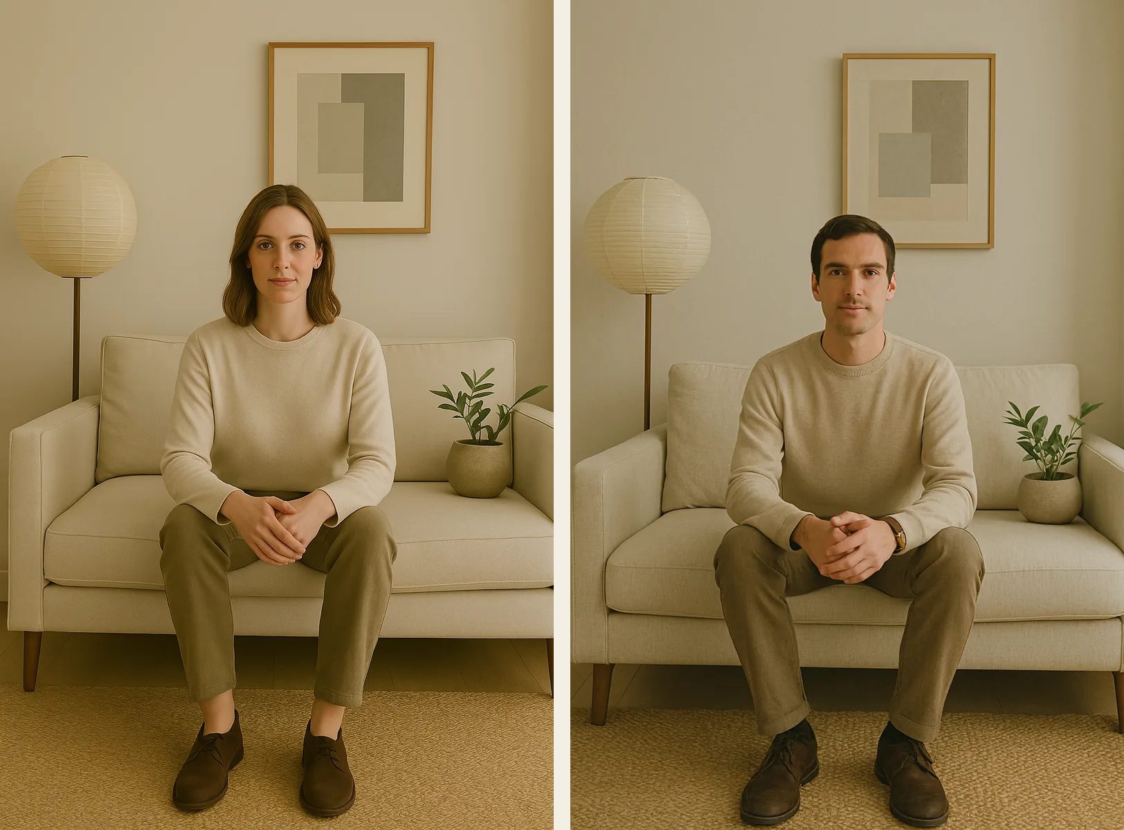 Una mujer y un hombre vestidos y sentados en un ambiente de estilo japandi
