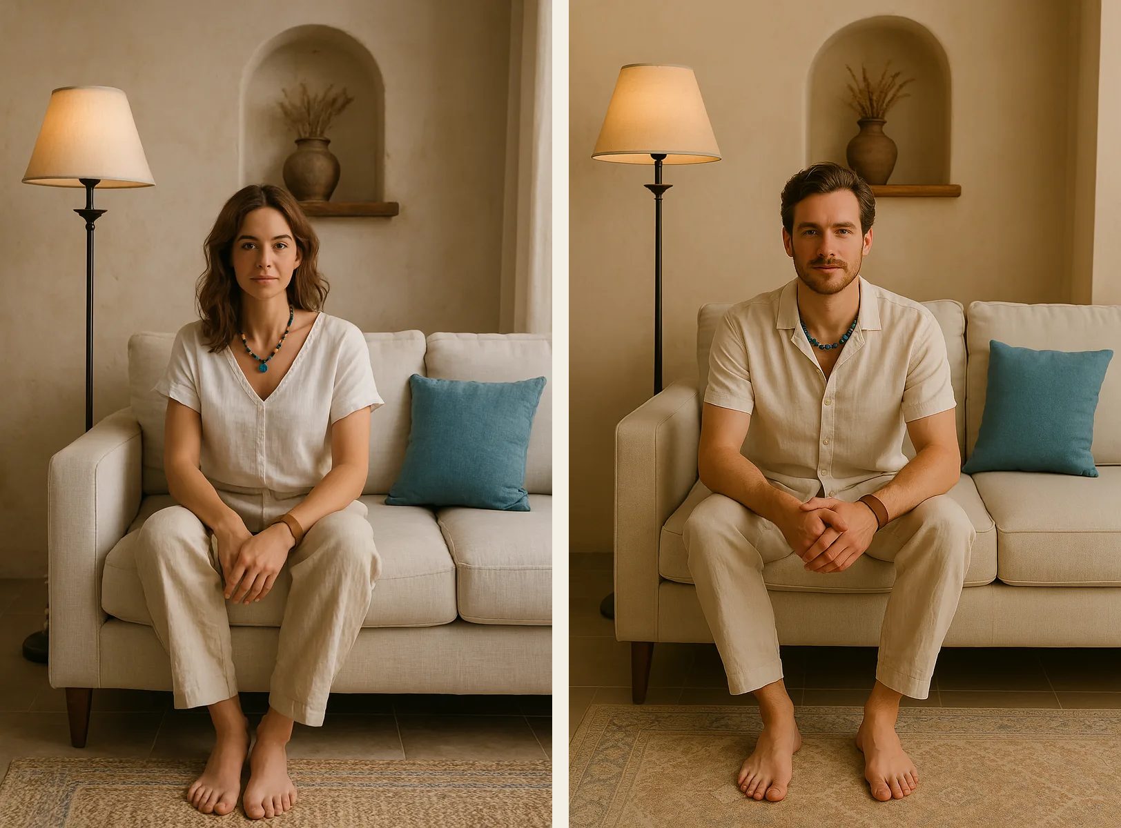 Una mujer y un hombre vestidos y sentados en un ambiente de estilo mediterráneo