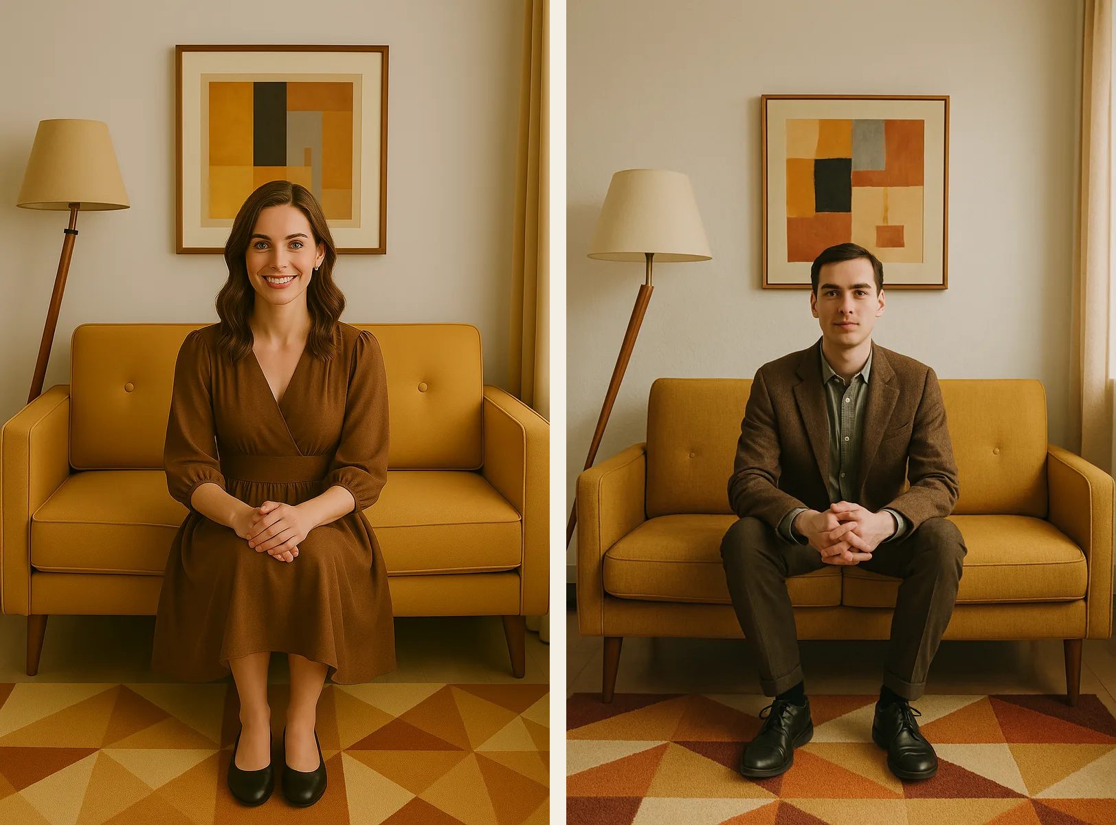 Una mujer y un hombre vestidos y sentados en un ambiente de estilo mid-century modern