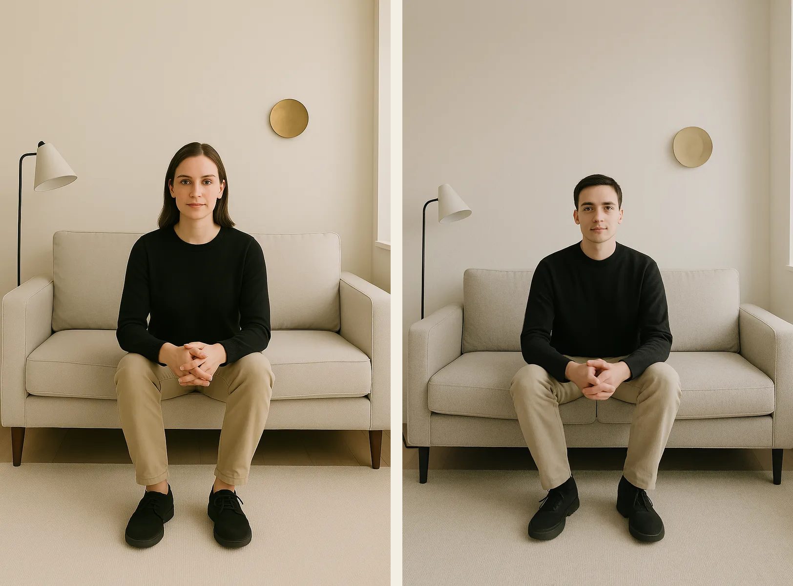Una mujer y un hombre vestidos y sentados en un ambiente de estilo minimalista