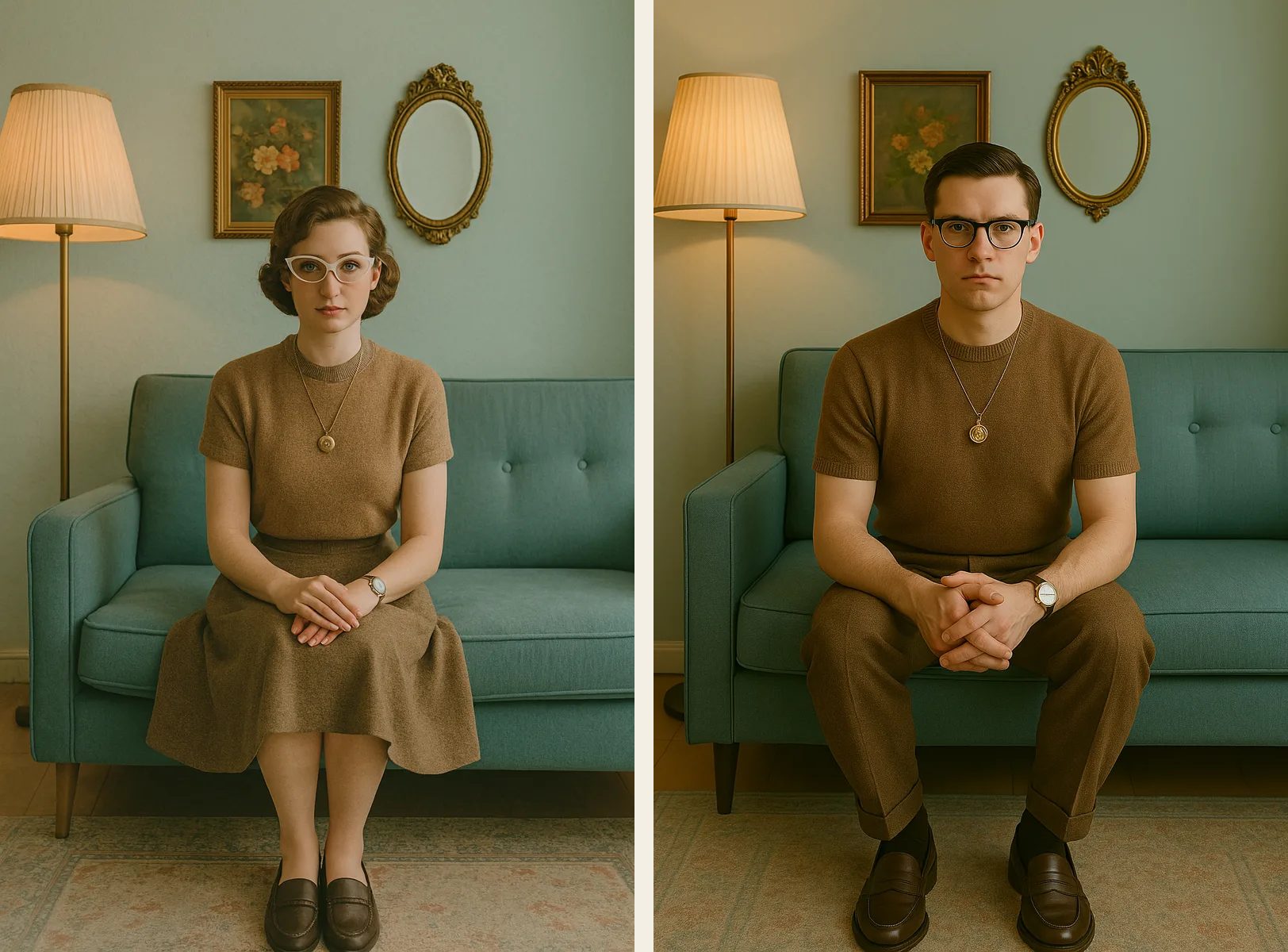 Una mujer y un hombre vestidos y sentados en un ambiente de estilo vintage