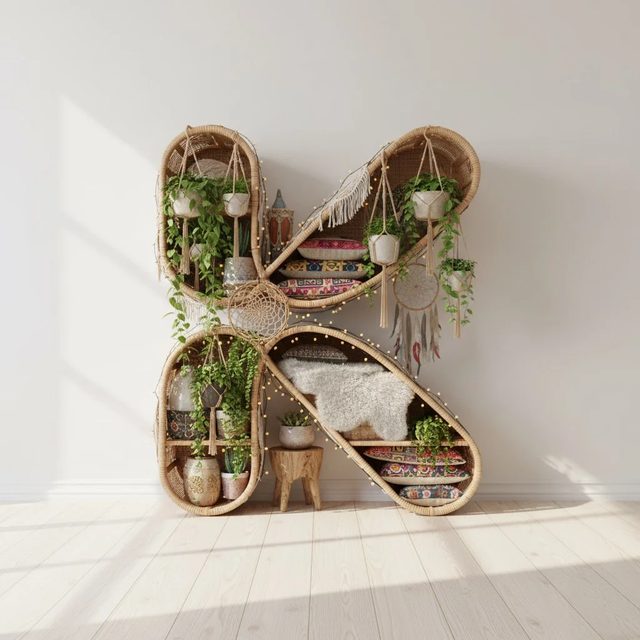 Estantería con forma de K decorada en estilo bohemio