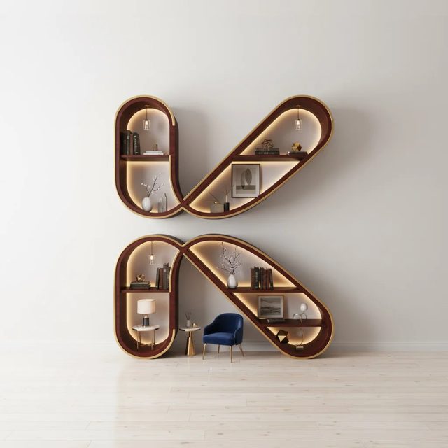 Estantería con forma de K decorada en estilo clásico moderno