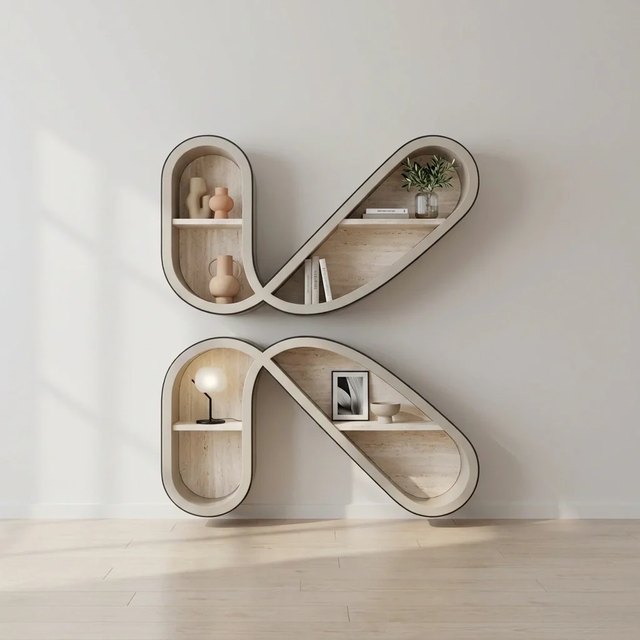 Estantería con forma de K decorada en estilo contemporáneo