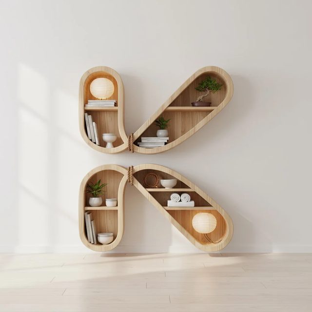 Estantería con forma de K decorada en estilo japandi