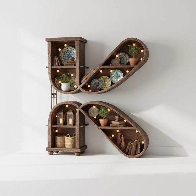 Estantería con forma de K decorada en estilo mediterráneo
