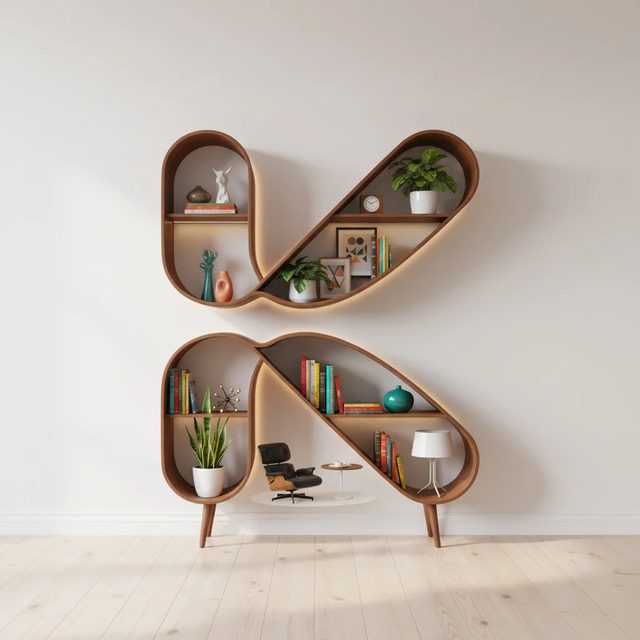 Estantería con forma de K decorada en estilo mid-century modern