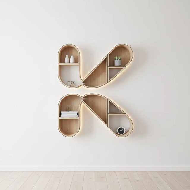 Estantería con forma de K decorada en estilo minimalista
