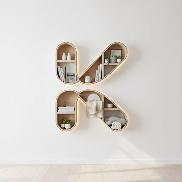 Estantería con forma de K decorada en estilo nórdico