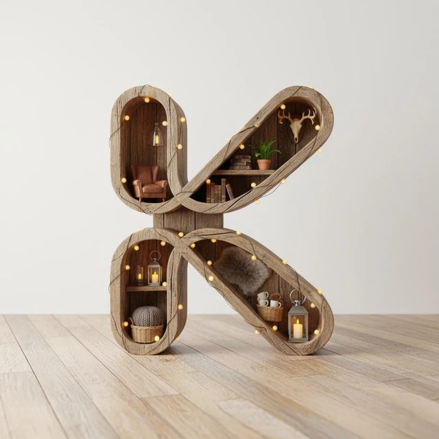 Estantería con forma de K decorada en estilo rústico