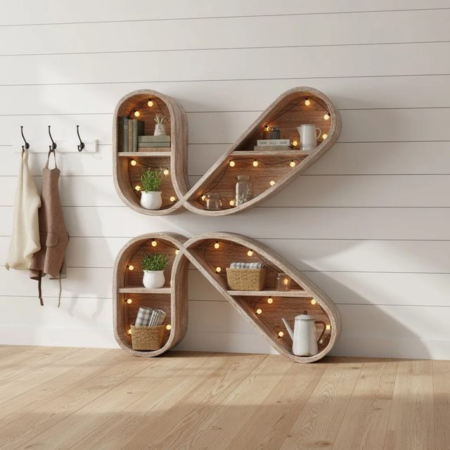 Estantería con forma de K decorada en estilo vintage