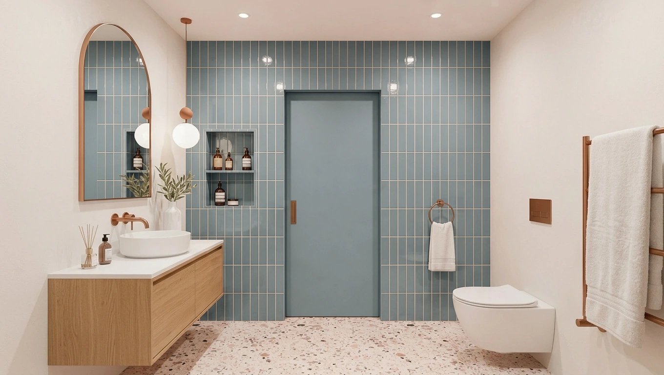 El mismo baño con los azulejos y la puerta en azul; el mueble, el espejo, las lámparas y el terrazo quedan idénticos