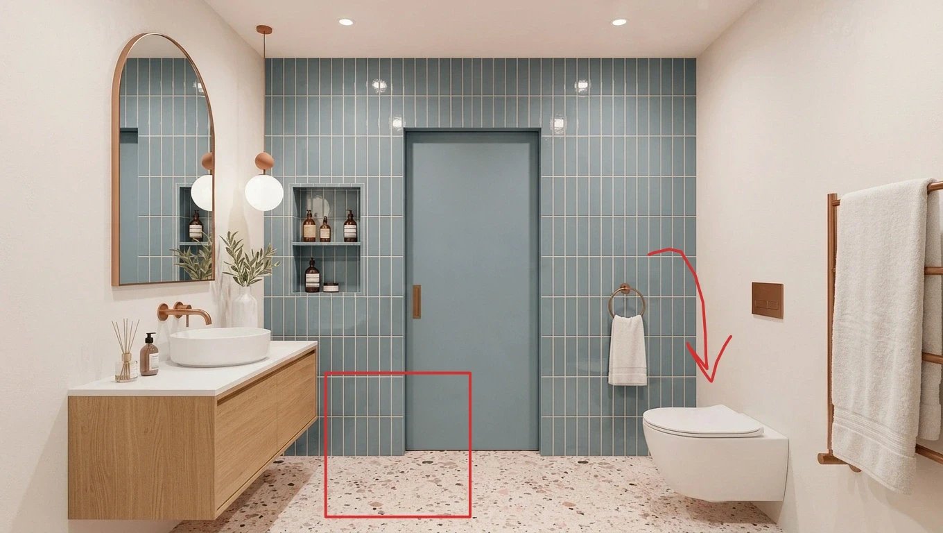 Baño azul con un cuadrado rojo dibujado sobre el piso y una flecha roja dibujada a mano que apunta al inodoro