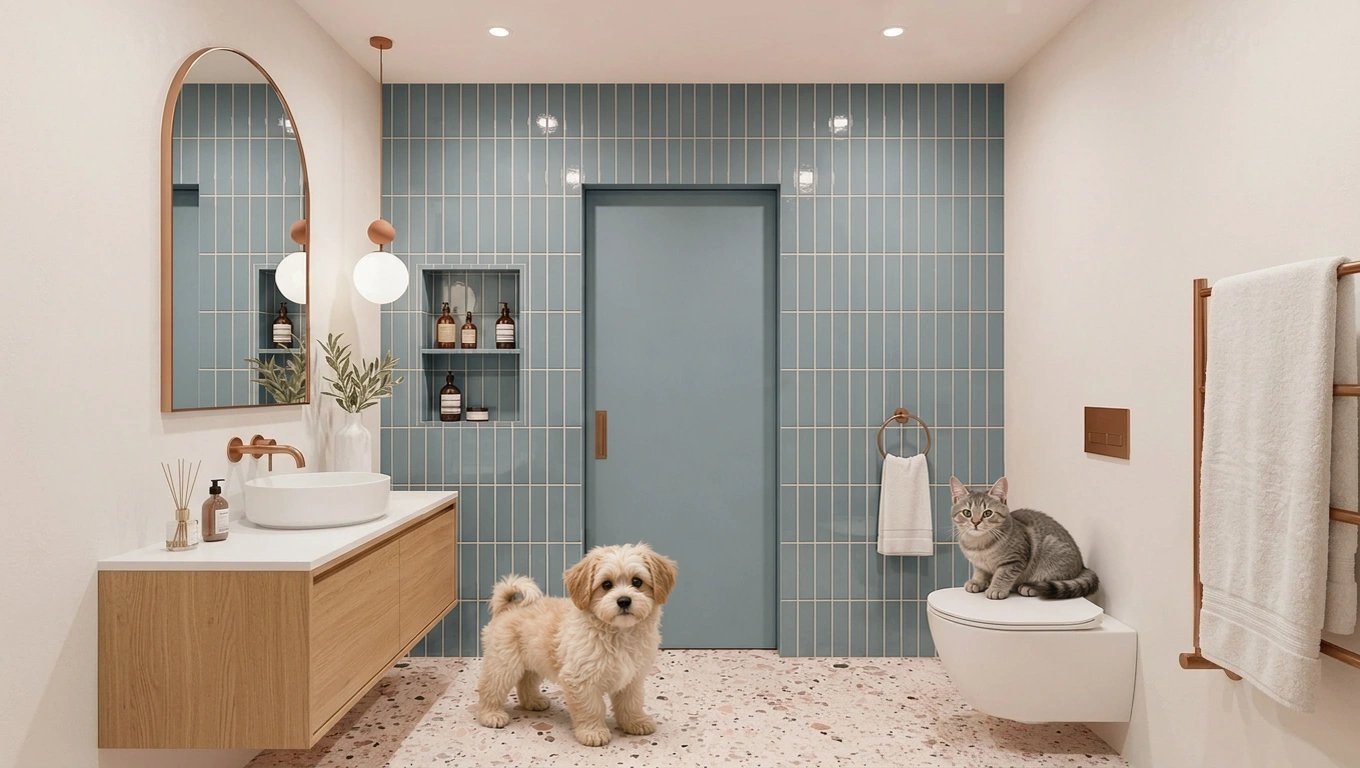 El mismo baño con un perrito peludo de pie en el piso, donde estaba el cuadrado, y un gato sentado sobre el inodoro, donde apuntaba la flecha
