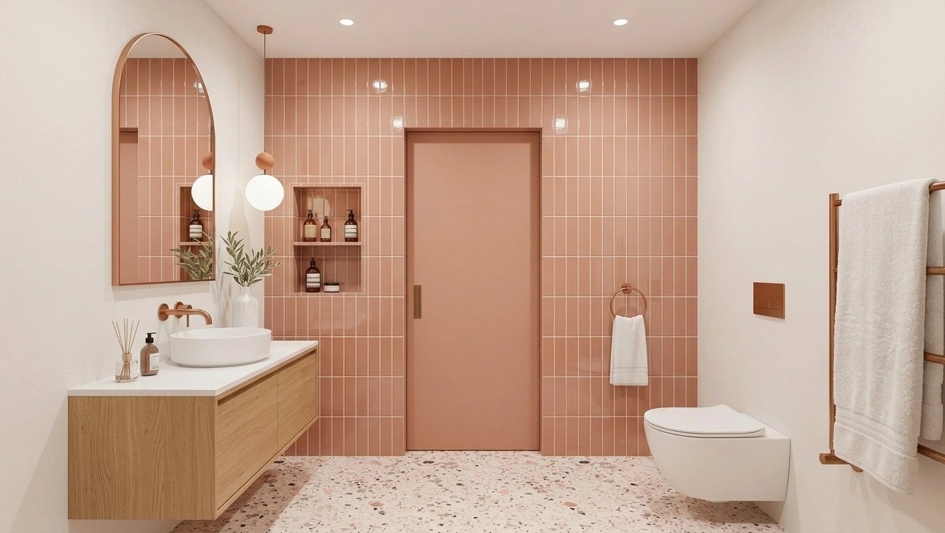 Baño con revestimiento de azulejos rectangulares rosados, puerta rosada, mueble de madera y piso de terrazo