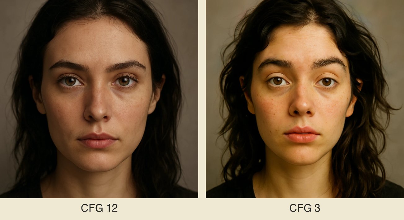 El mismo retrato con CFG 12 y CFG 3: a menor guidance, más libertad creativa del modelo