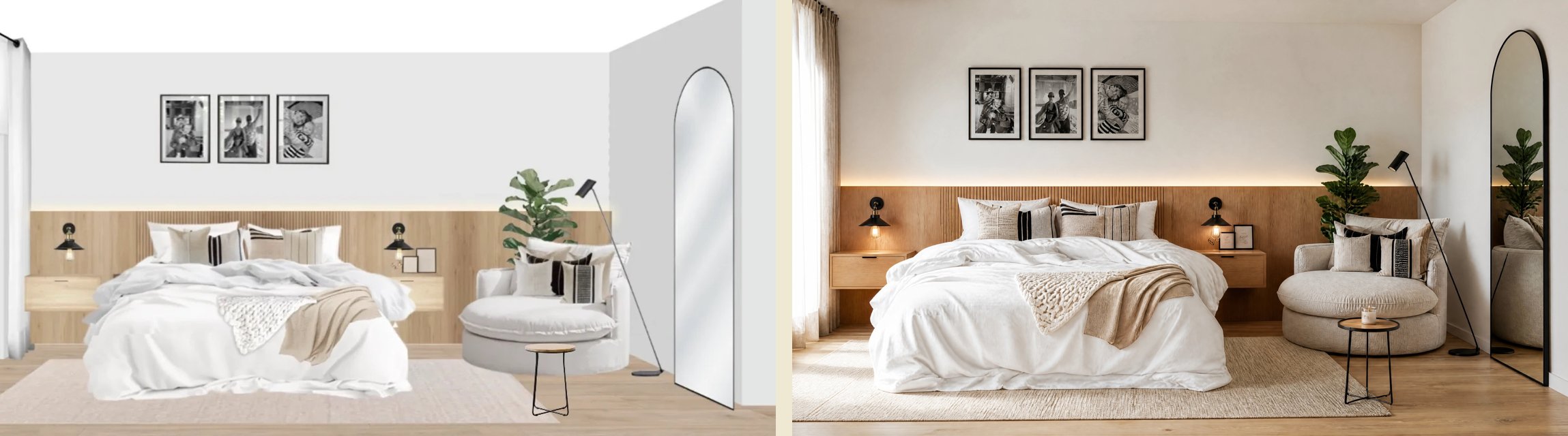 Comparación entre un fotomontaje 2D de un dormitorio y la fotografía realista generada preservando todos los productos