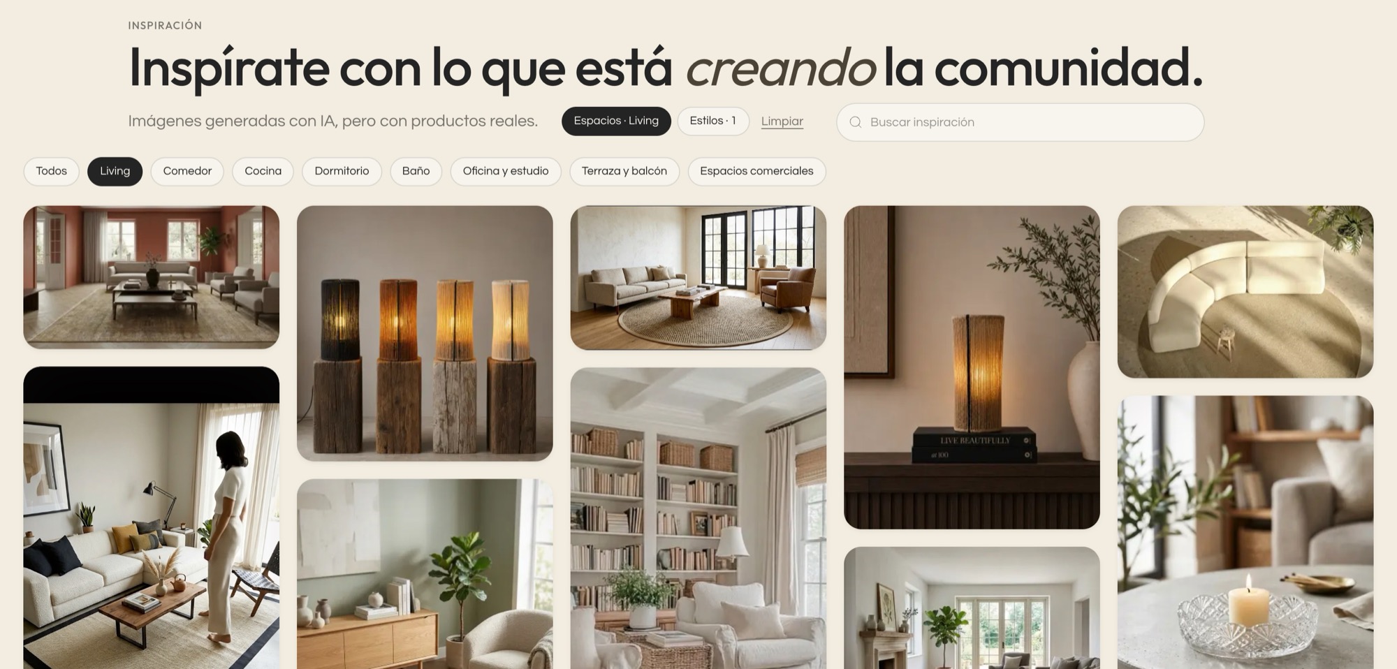 Sección Inspiración de Kouzee con la pestaña Espacios abierta y el filtro Living activo