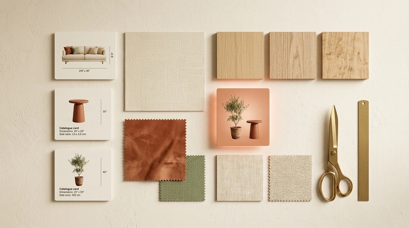 Tarjetas de productos y muestras de materiales sobre fondo crema, con una tarjeta destacada por Kou