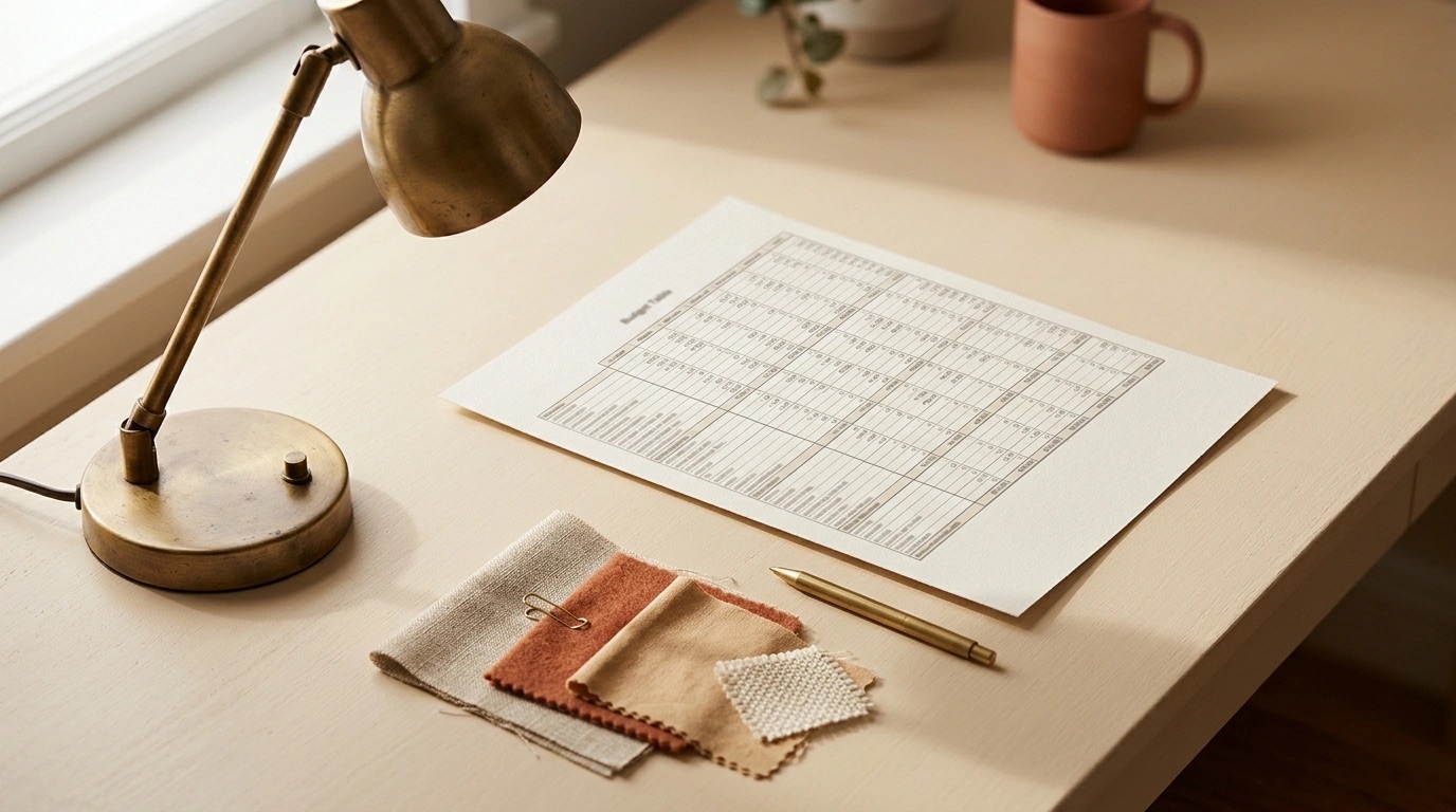 Tabla de presupuesto impresa junto a muestras de materiales, representando las cotizaciones automáticas de Kou