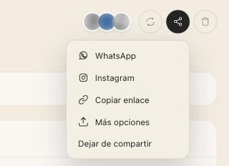Menú de compartir de una lista de compras con WhatsApp, Instagram, Copiar enlace, Más opciones y Dejar de compartir