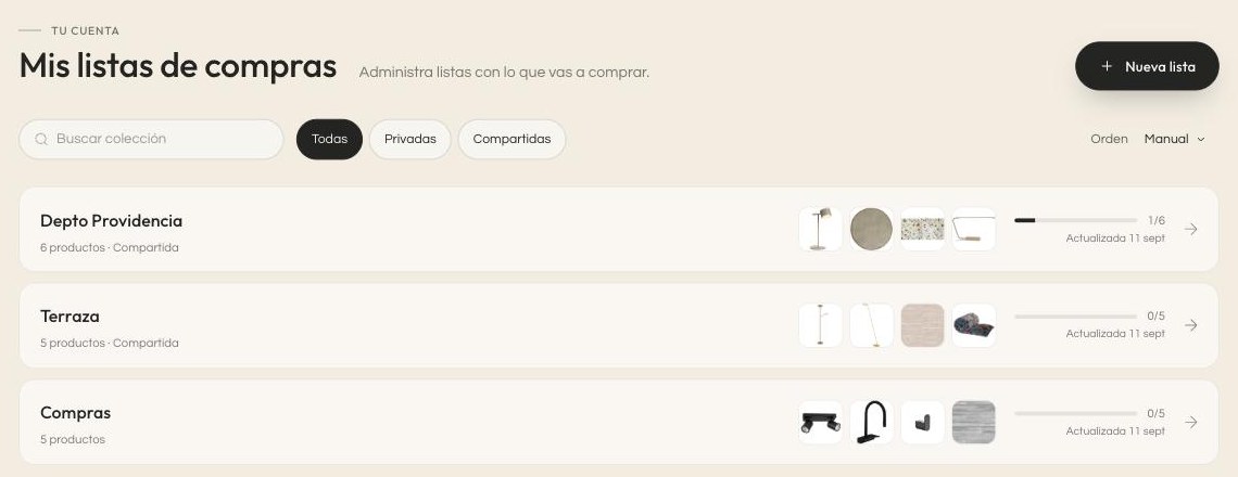 Índice de listas de compras en Kouzee, con el buscador, los filtros y la barra de avance de cada lista