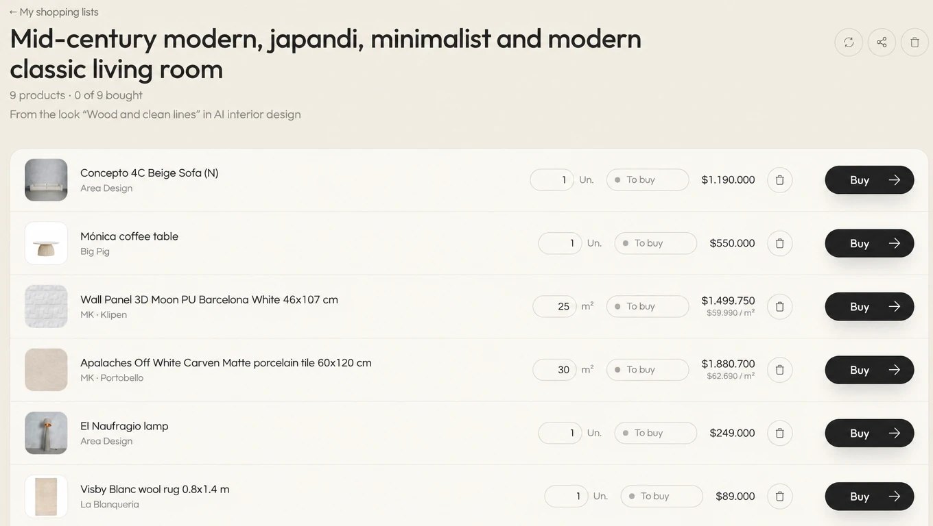 Shopping list created from a look, with nine products, their quantities in units and square meters, their To buy status and the Buy button