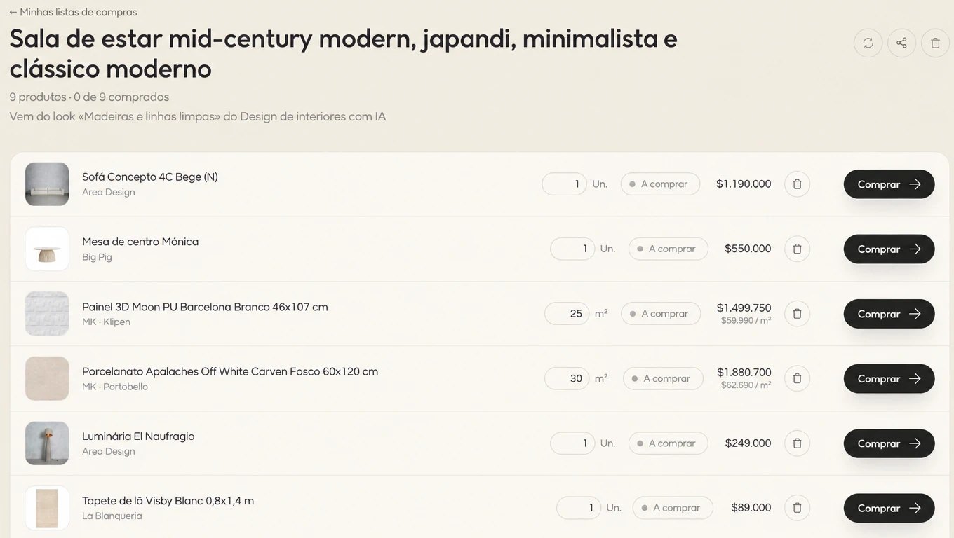 Lista de compras criada a partir de um look, com nove produtos, suas quantidades em unidades e metros quadrados, o status Por comprar e o botão Comprar