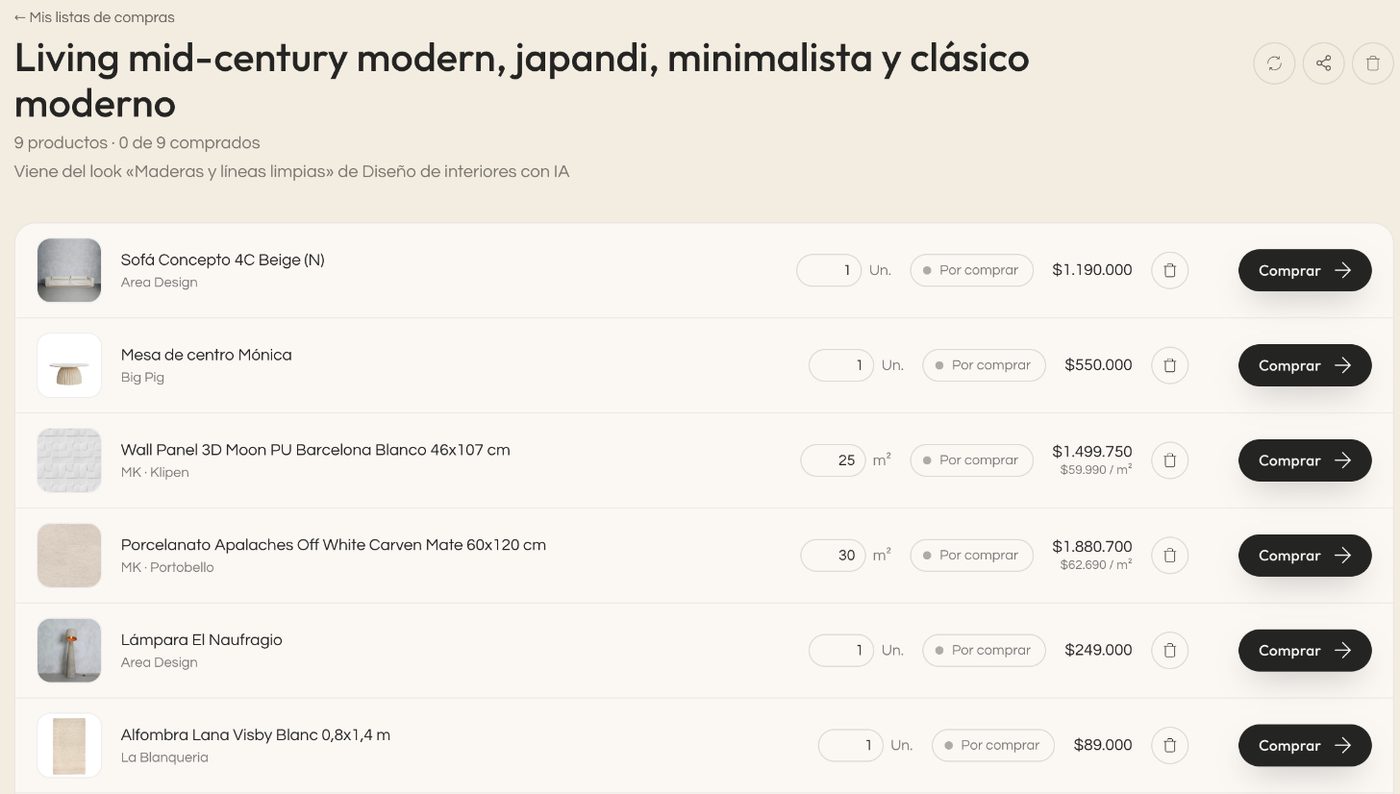 Lista de compras creada desde un look, con nueve productos, sus cantidades en unidades y metros cuadrados, su estado Por comprar y el botón Comprar