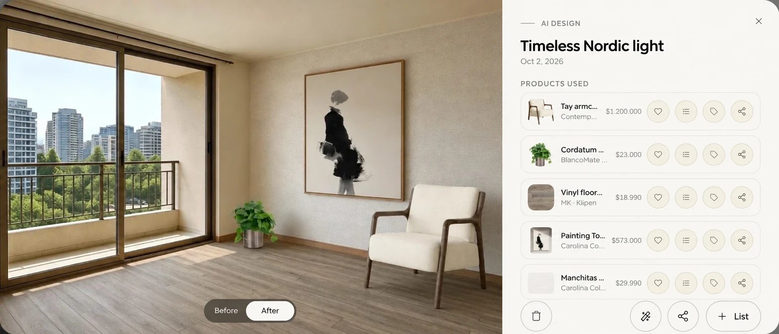 An AI design look open in My creations, with the large image, Before and After, the products used and the buttons to open the design, share and create a list