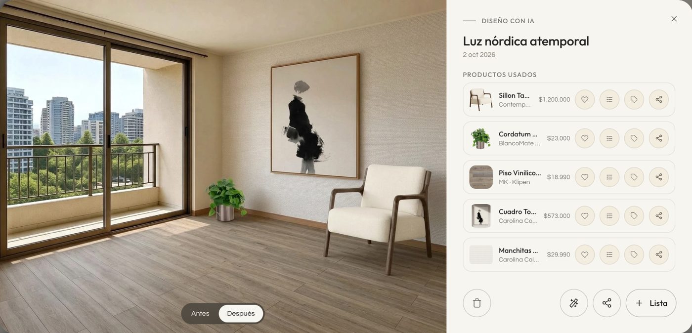 Un look de Diseño con IA abierto en Mis creaciones, con la imagen grande, Antes y Después, los productos usados y los botones para abrir el diseño, compartir y crear una lista