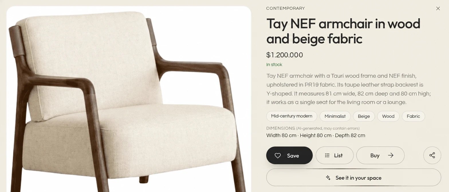 Armchair page in the Kouzee catalog with the Míralo en tu espacio button below Save, List and Buy
