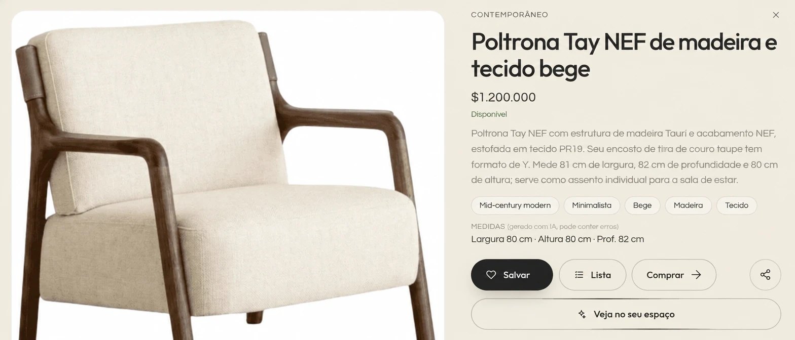 Página de uma poltrona no catálogo da Kouzee com o botão Míralo en tu espacio abaixo de Salvar, Lista e Comprar