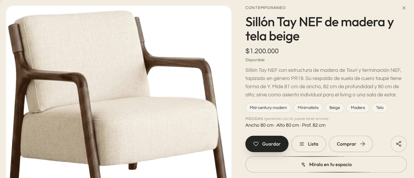 Ficha de un sillón en el catálogo de Kouzee con el botón Míralo en tu espacio debajo de Guardar, Lista y Comprar