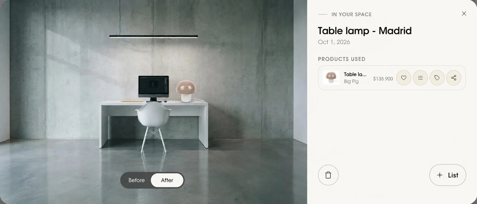 In your space creation: a table lamp placed on a desk in a real photo, with the Before and After toggle
